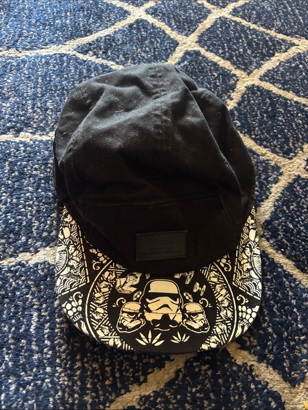 Black Five-Panel Cap with Patterned Brim